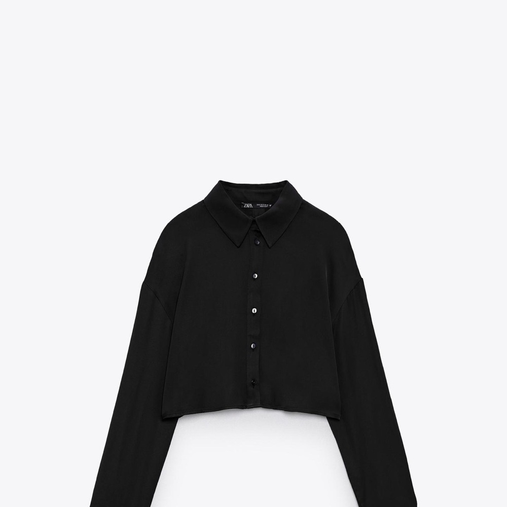 Zara Black Cropped Satin Button-Up Shirt